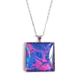 Metallic blue and pink swirl acrylic paint pour pendant on 20" silver necklace